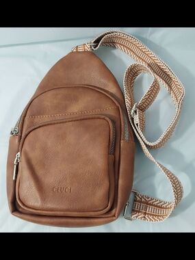 Cluci Vegan Faux Brown Leather Crossbody Sling Bag with Patterned Strap